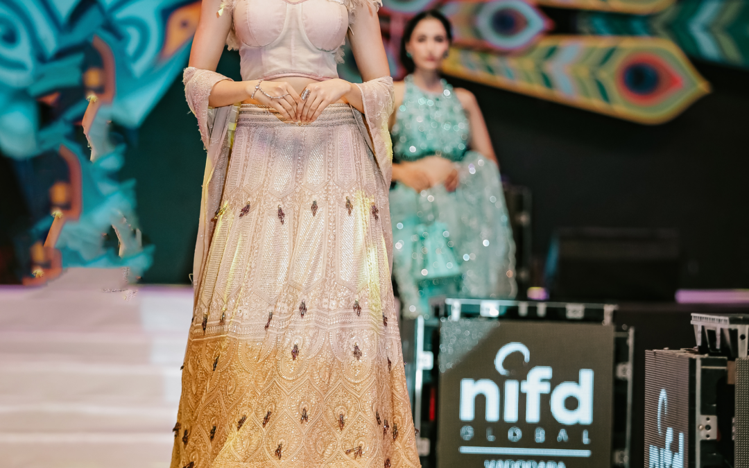 Introducing the Light Peach Georgette Sequin Embroidery Lehenga Set by Harshil Design Studio
